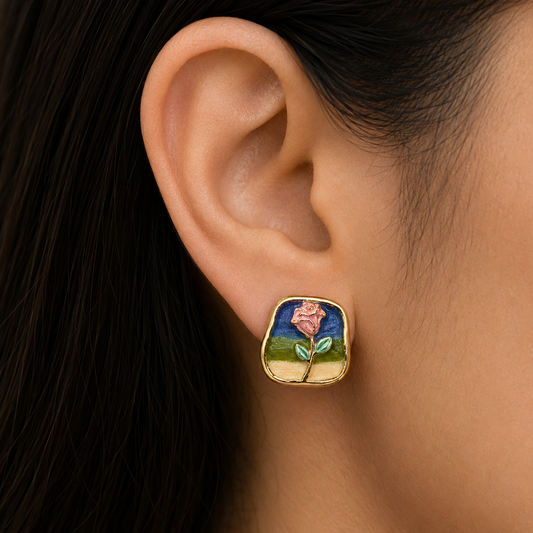 Vintage Rose Landscape Enamel Stud Earrings for Women | Artistic Floral Gold Tone Earrings