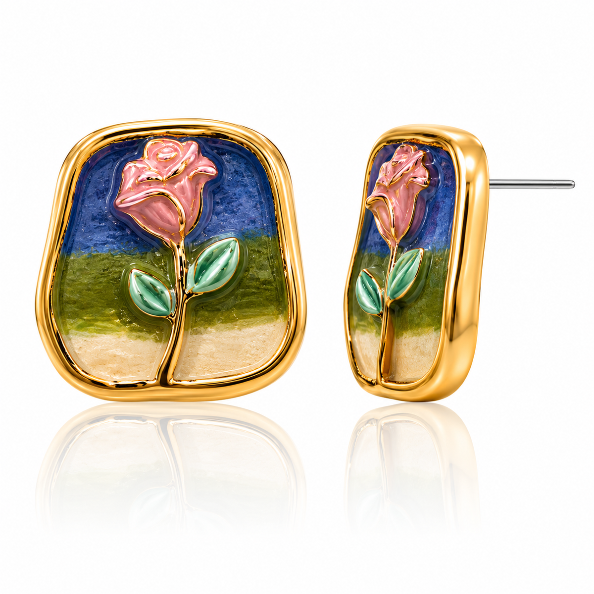 Vintage Rose Landscape Enamel Stud Earrings for Women | Artistic Floral Gold Tone Earrings
