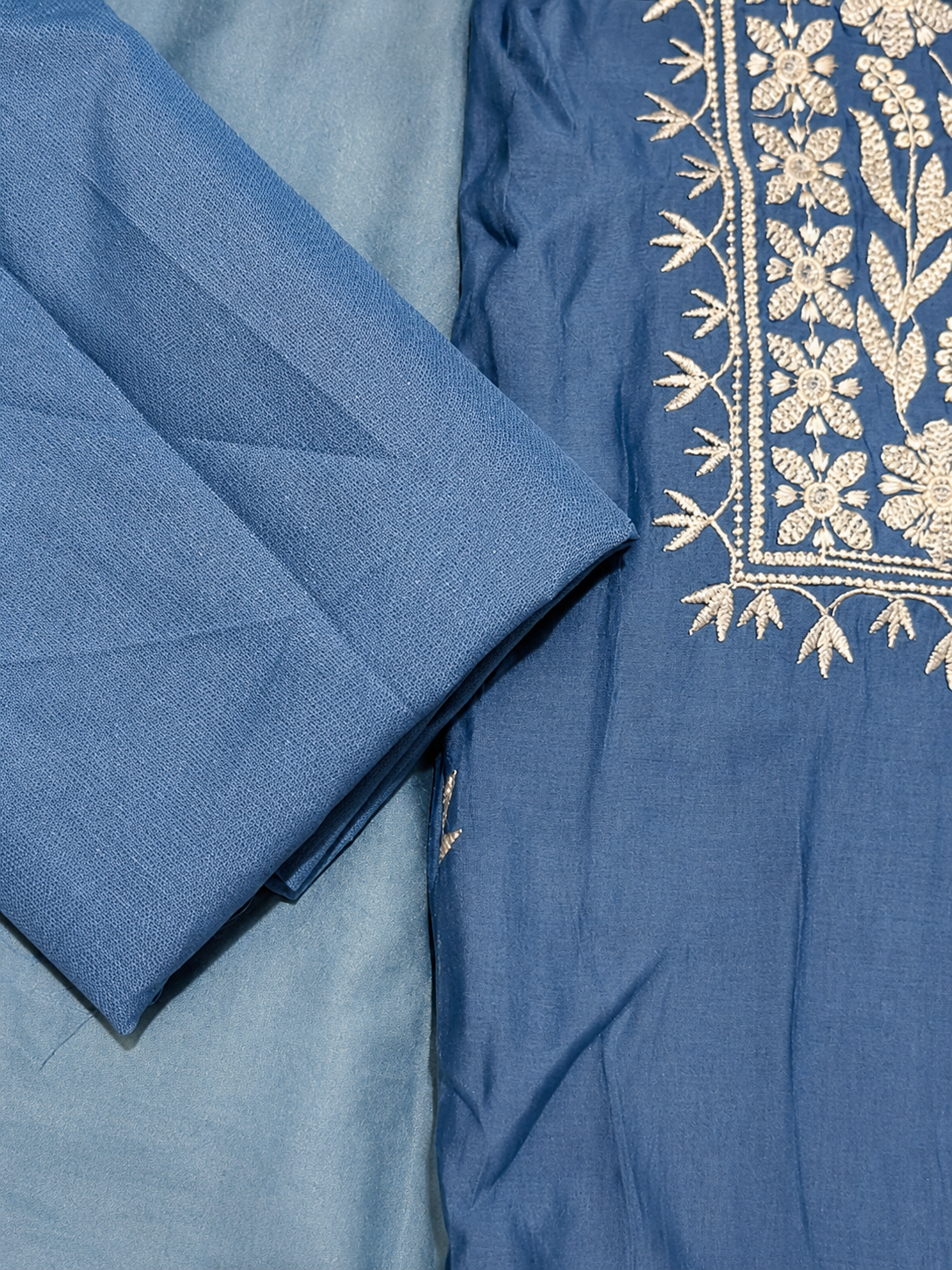 Sky Blue Embroidered Unstitched Cotton Suit with Chikankari-Inspired Floral Work & Matching Dupatta