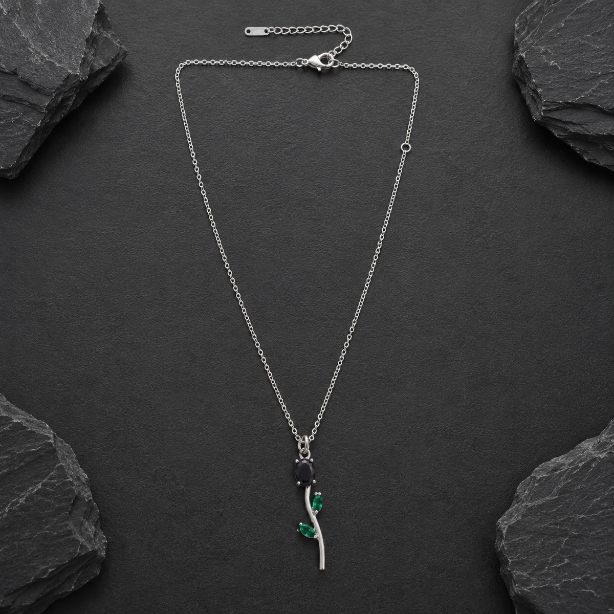 Silver Rose Flower Pendant Necklace with Green Crystal Leaves