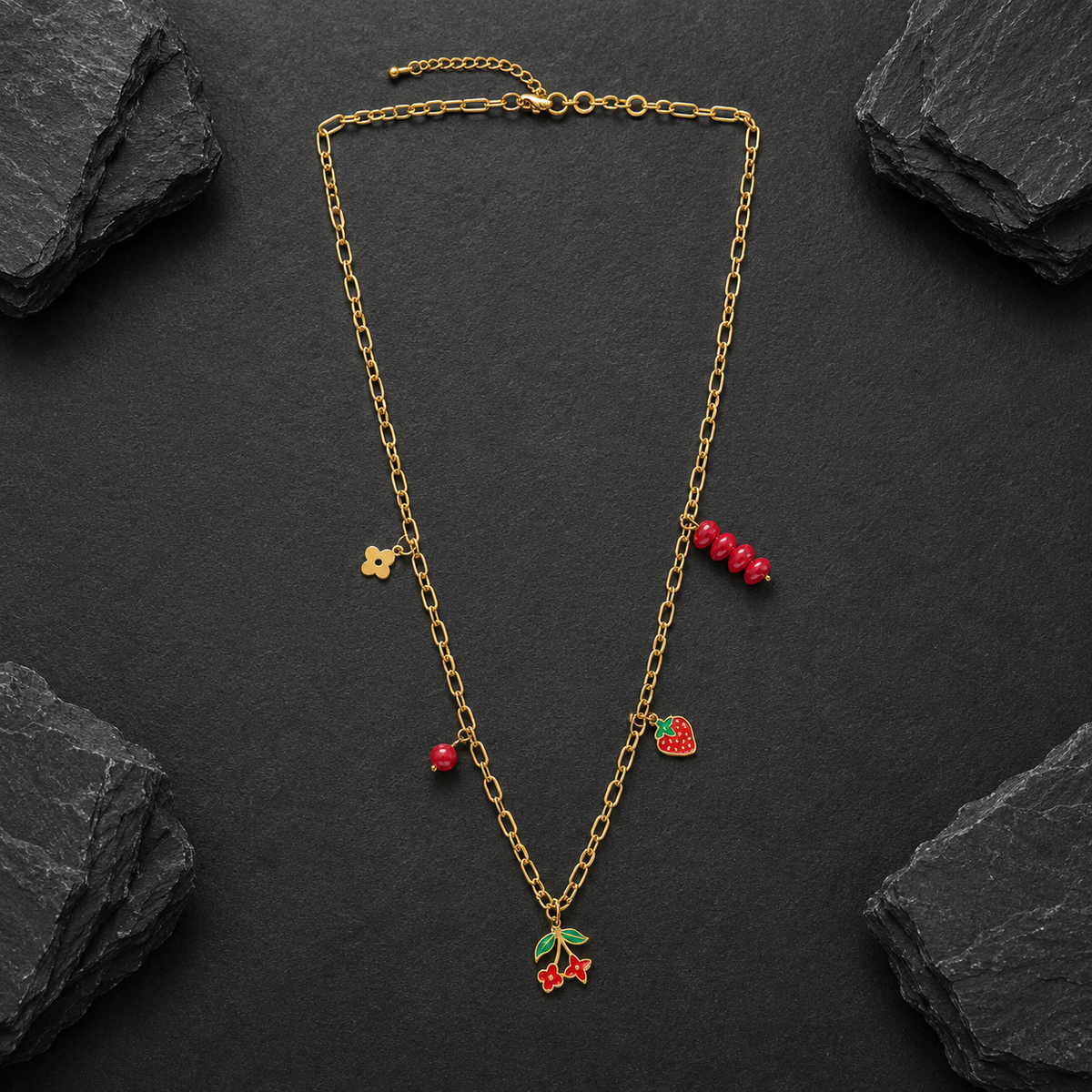 Cherry & Strawberry Charm Gold-Tone Necklace