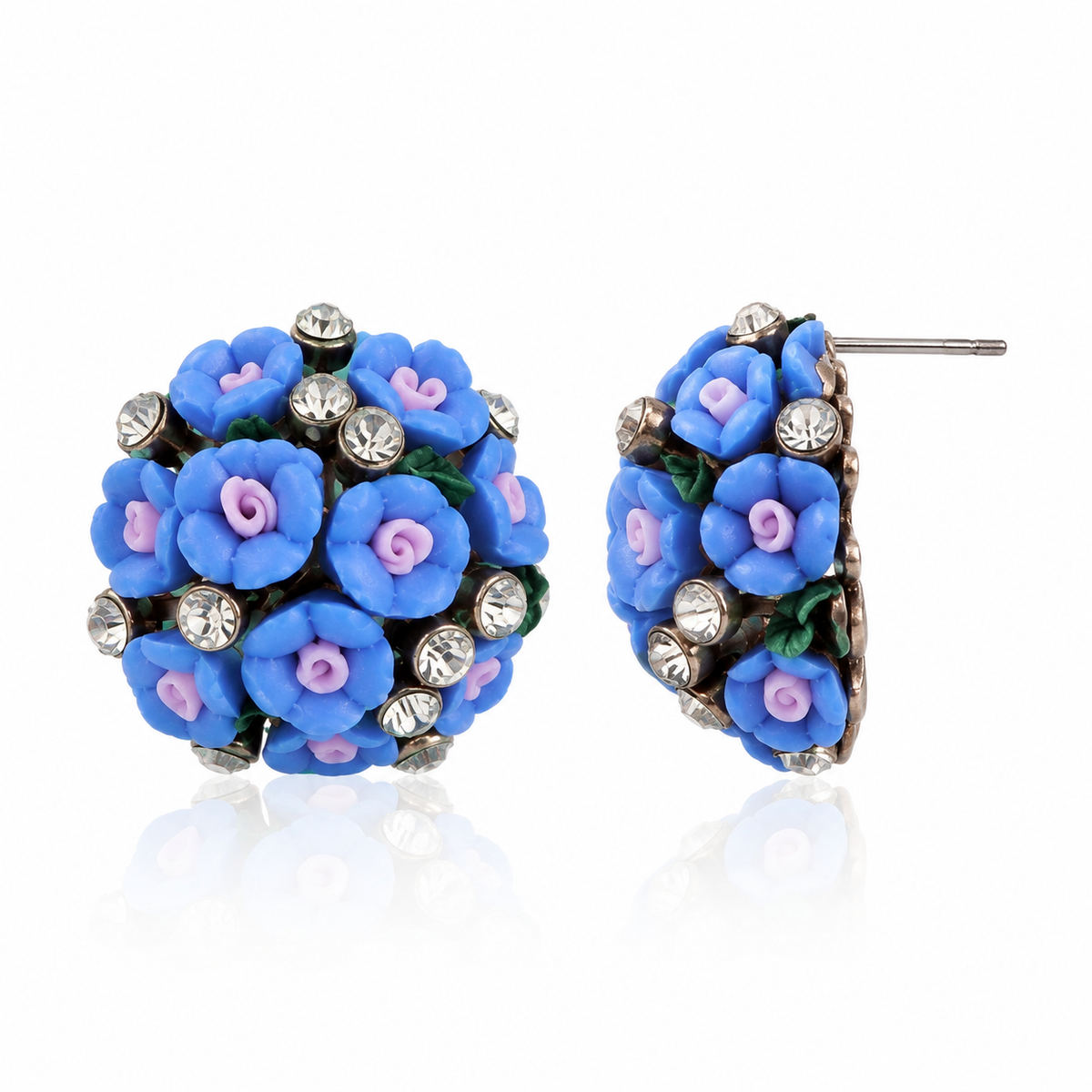 Blue Rose Crystal Cluster Stud Earrings for Women | Floral Statement Earrings
