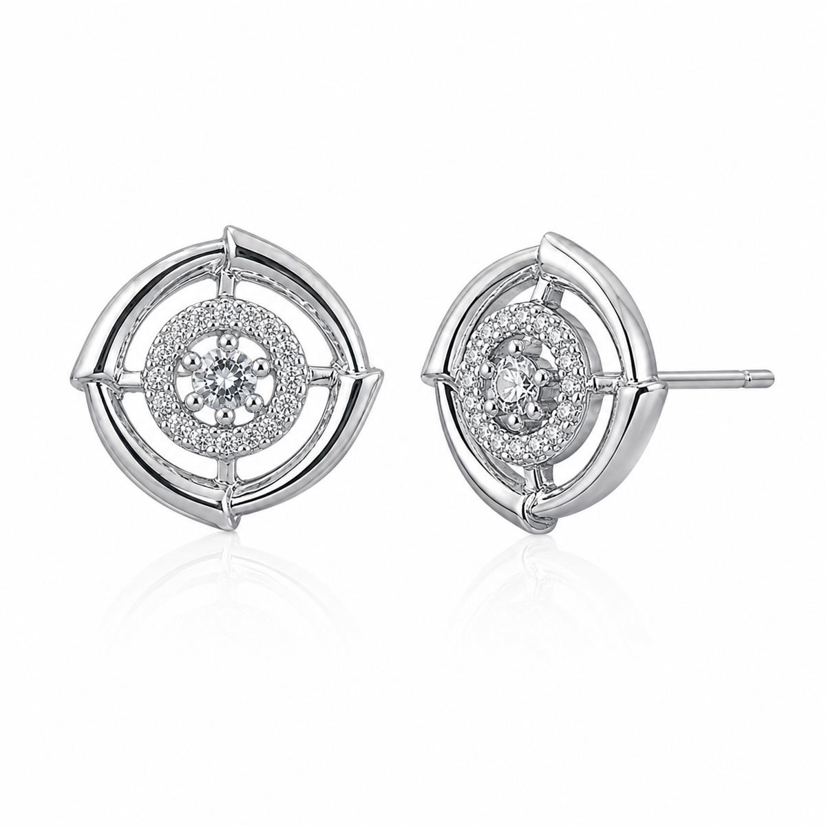 Silver Crystal Halo Stud Earrings for Women | Geometric Circle Designer Earrings