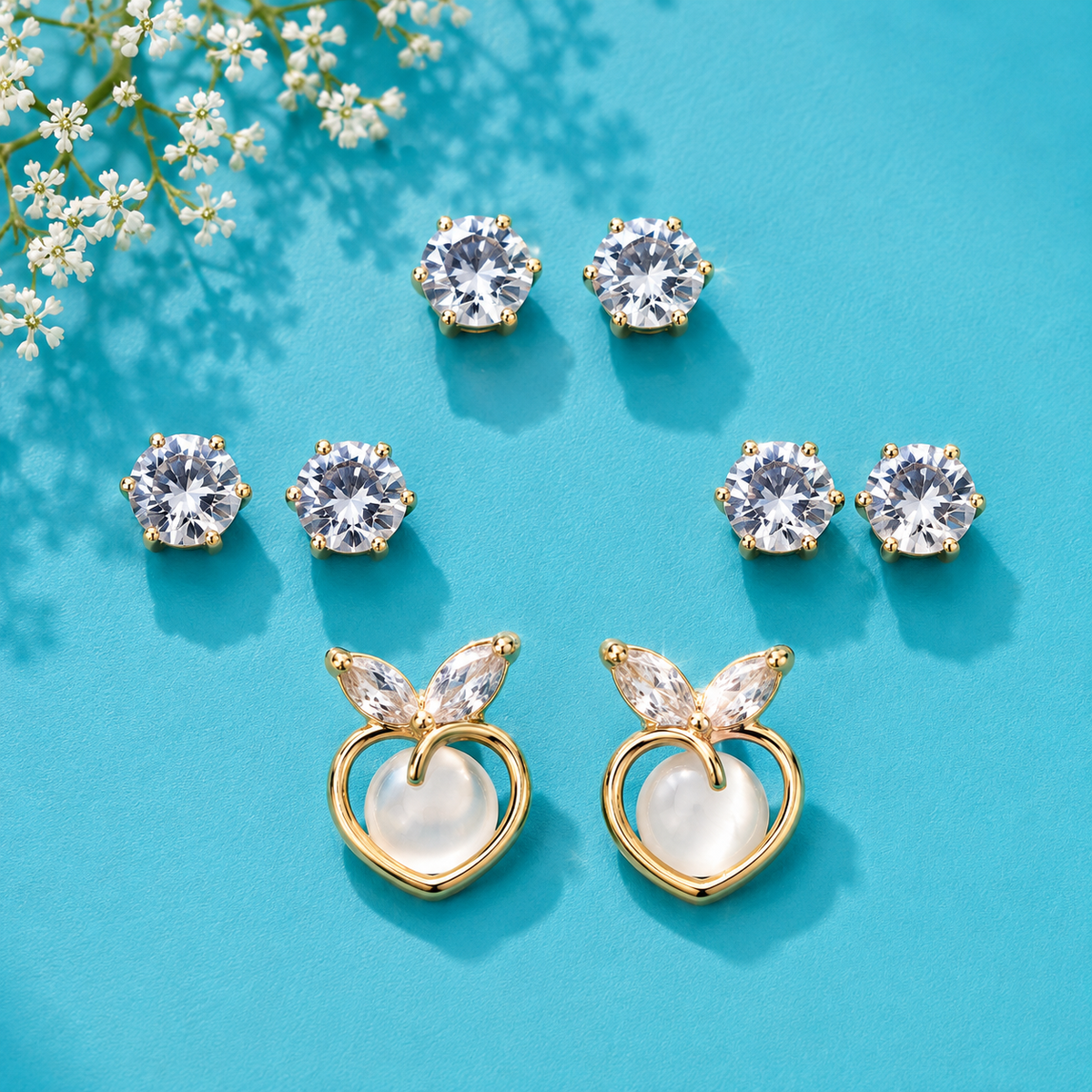 3 Pair Crystal Stud Earrings Combo Set for Women | Solitaire, Halo & Heart Design Earrings