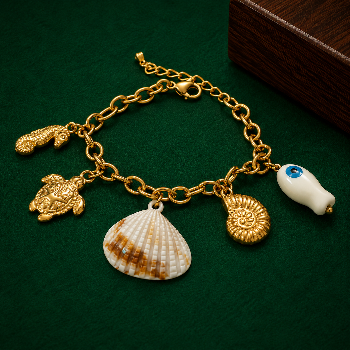 Gold-Tone Ocean Charm Bracelet for Women | Seashell, Turtle & Evil Eye Designer Bracelet