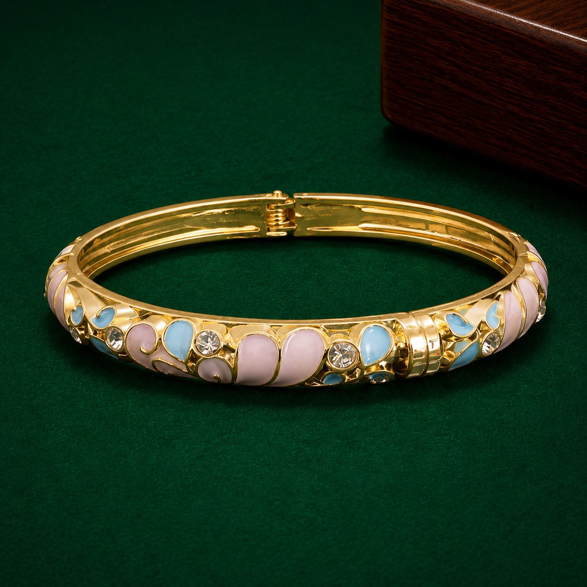 Gold-Tone Pastel Enamel Crystal Bangle for Women | Pink & Blue Designer Bracelet