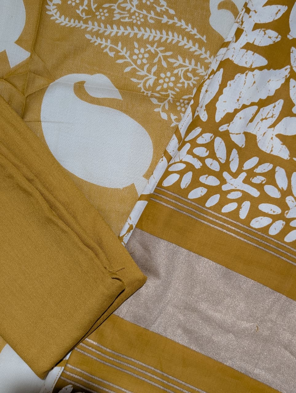Mustard Yellow Leaf Print Unstitched Salwar Suit with Printed Dupatta