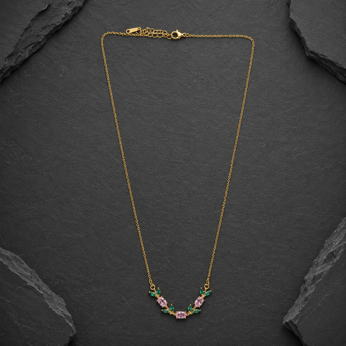 Pink & Emerald Crystal Floral Gold-Tone Necklace for Women