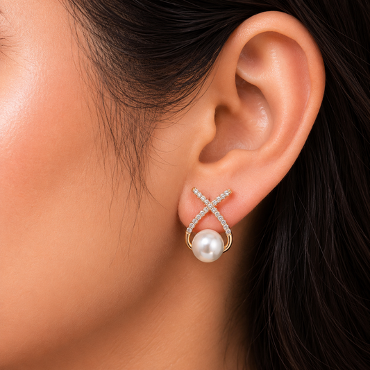 Pearl Cross Stud Earrings for Women | Crystal Pearl Designer Earrings | Gold Tone Earrings