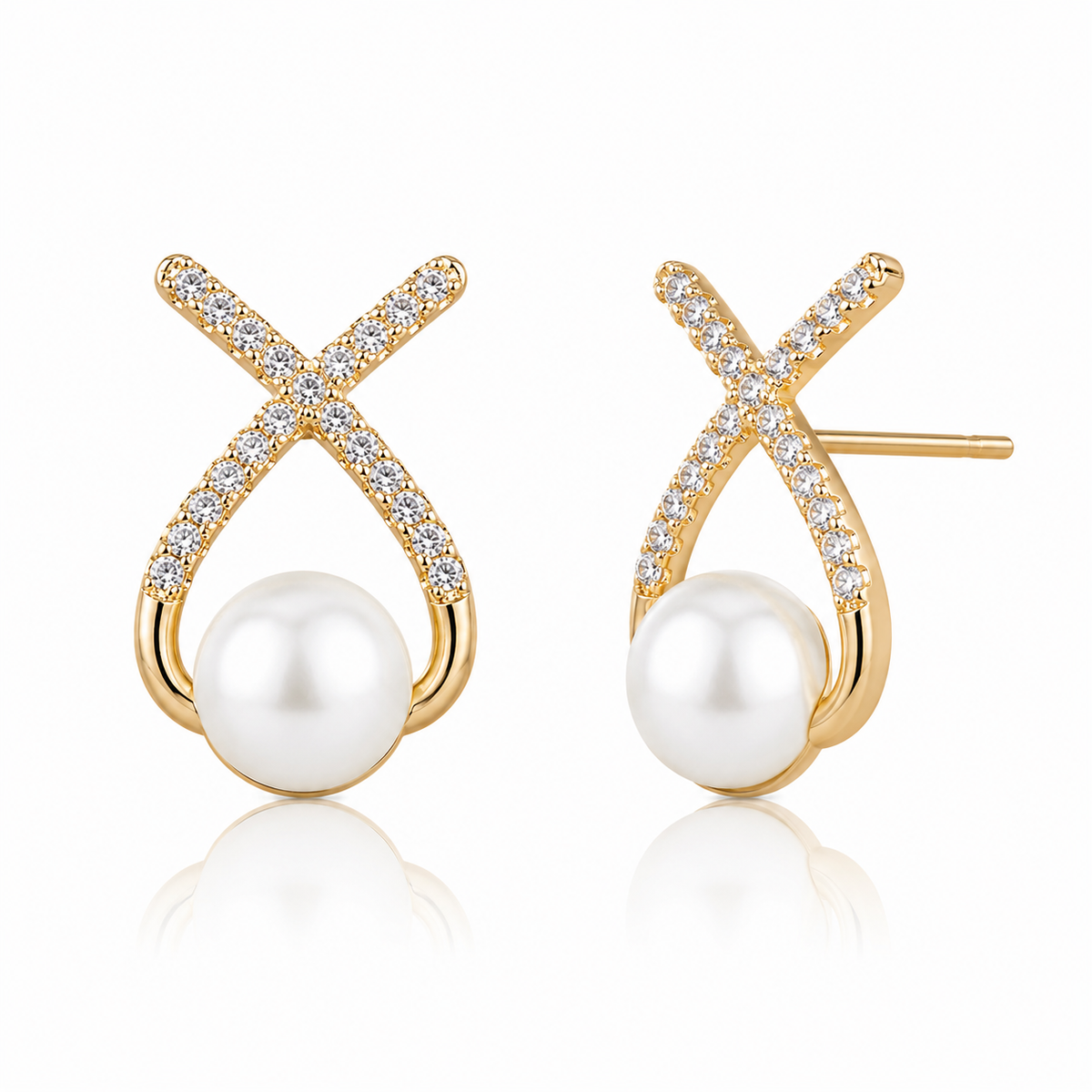 Pearl Cross Stud Earrings for Women | Crystal Pearl Designer Earrings | Gold Tone Earrings