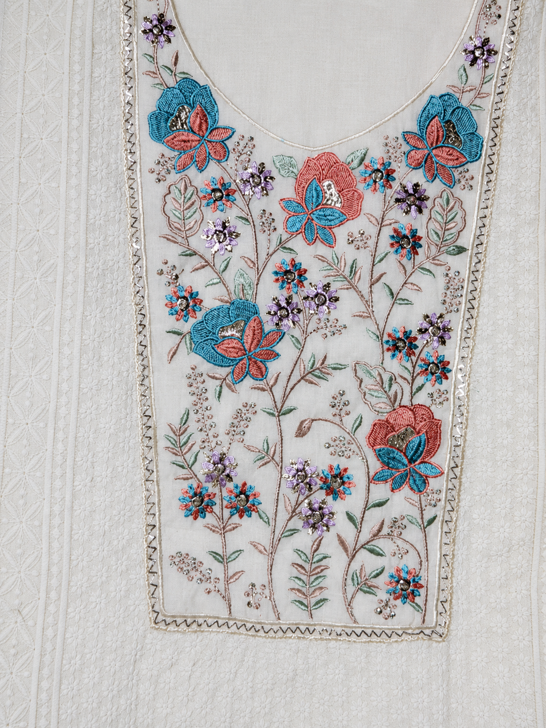 Ivory Floral Embroidered Unstitched Salwar Suit with Cotton Dupatta