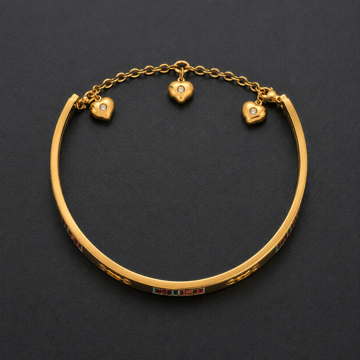 Gold Tone Charm Bracelet for Women | Multicolor Stone Studded Adjustable Bangle with Heart Charms