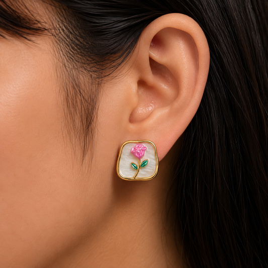 Elegant Rose Floral Enamel Stud Earrings for Women | Gold Tone Vintage Flower Earrings | Cute Party Wear Jewellery