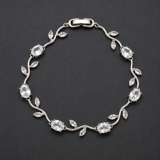 Silver Crystal Leaf Tennis Bracelet for Women | Elegant Zircon Stone Designer Bracelet