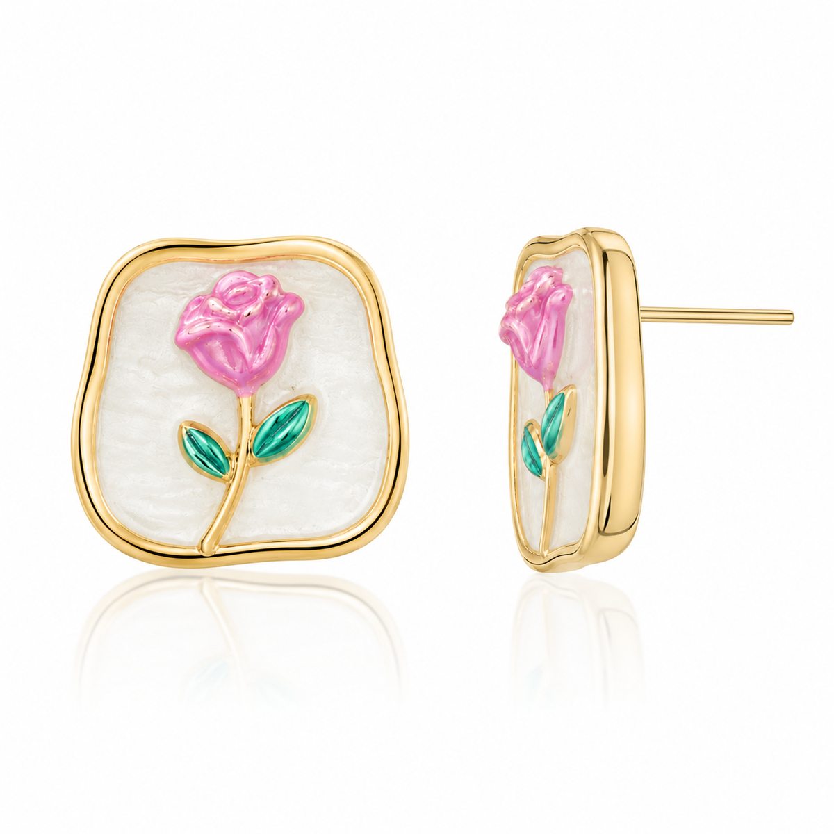 Elegant Rose Floral Enamel Stud Earrings for Women | Gold Tone Vintage Flower Earrings | Cute Party Wear Jewellery