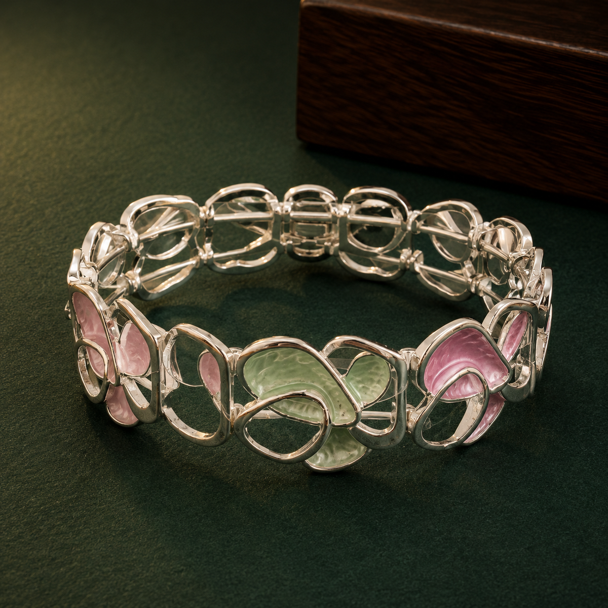 Silver Tone Abstract Enamel Bracelet for Women | Pastel Pink & Green Designer Stretch Bangle