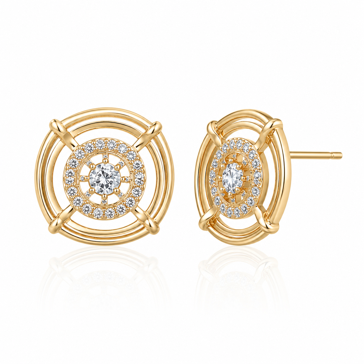 Elegant CZ Halo Stud Earrings for Women | Gold Tone Geometric Crystal Earrings | Party & Wedding Jewellery