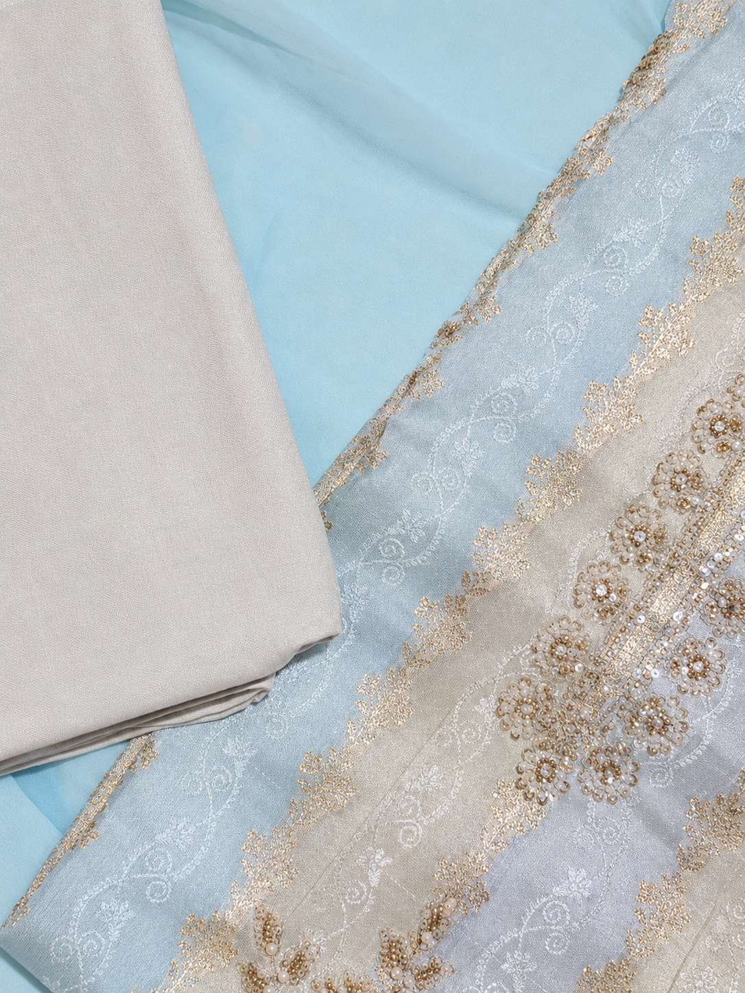 Ivory Beige Embroidered Unstitched Salwar Suit with Handwork Neckline & Designer Dupatta
