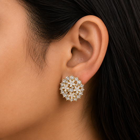 Elegant Floral Crystal Stud Earrings for Women | Gold Tone White Flower Earrings | Party & Wedding Jewellery