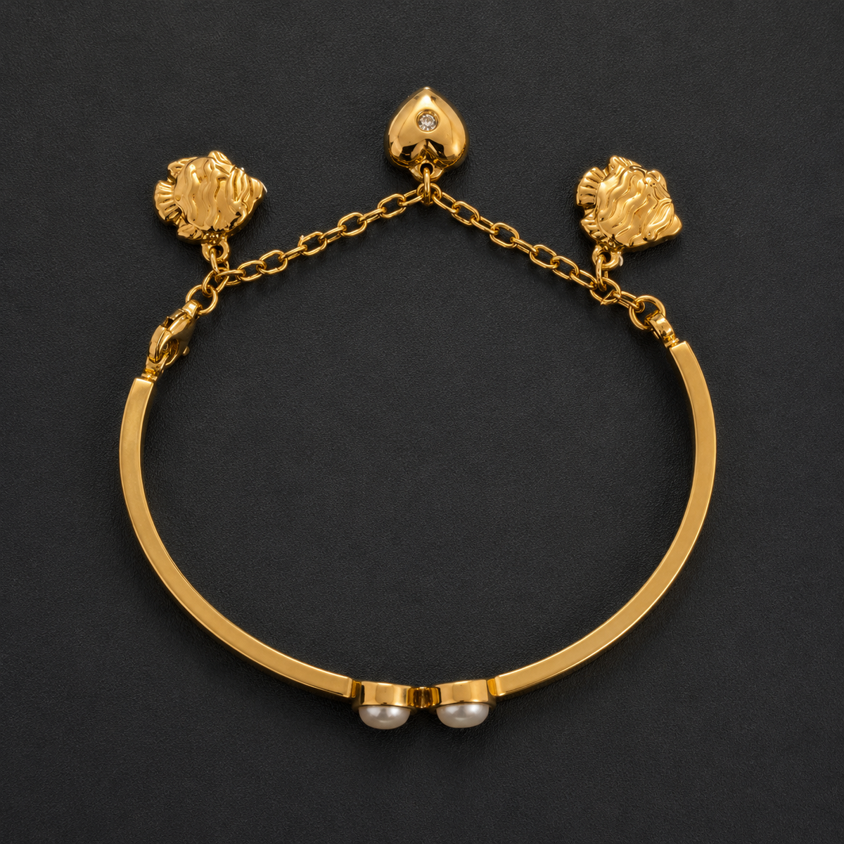 Gold Tone Pearl Accent Bracelet for Women | Designer Charm Bangle with Heart & Floral Charms