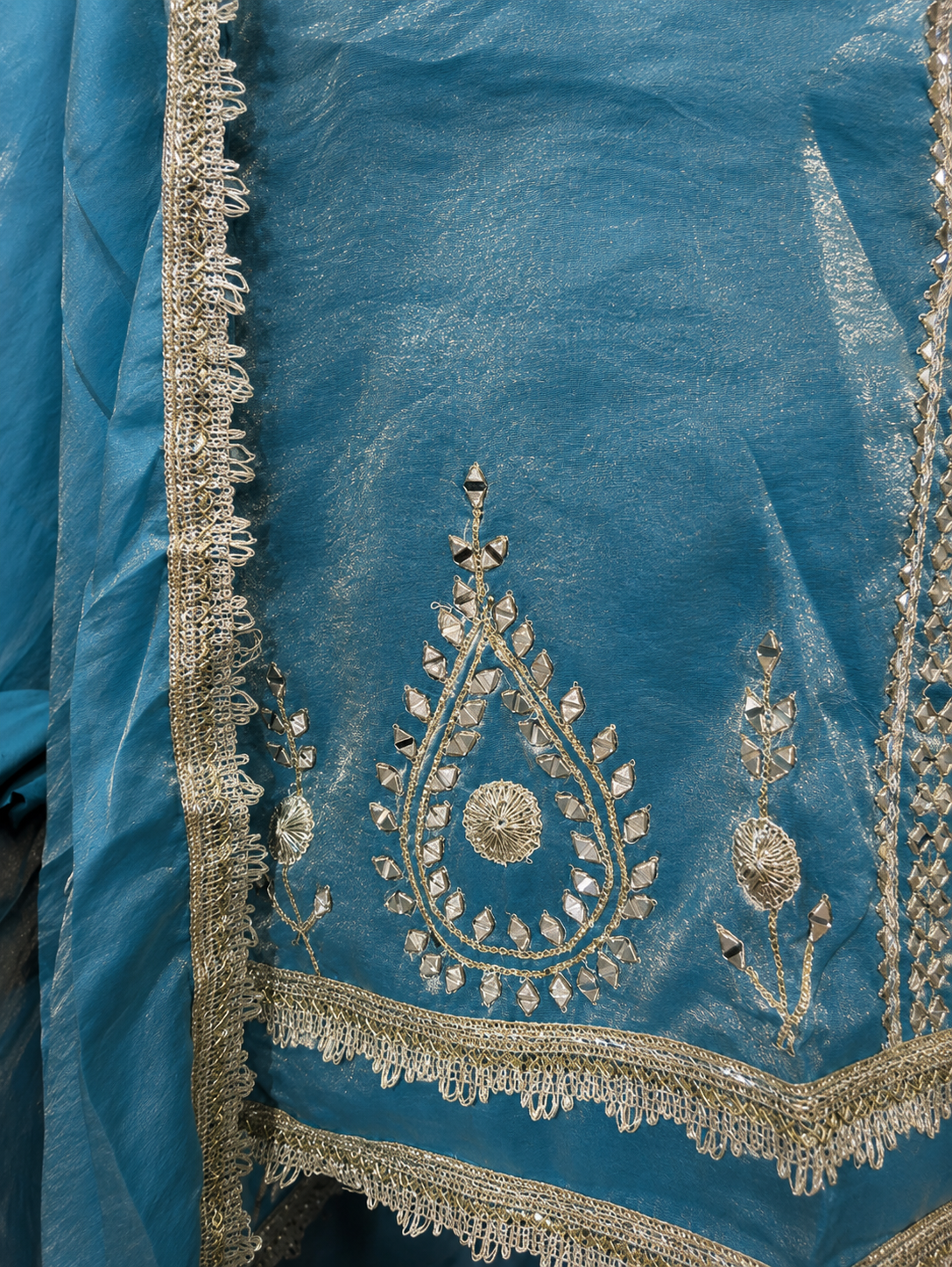 Elegant Teal Blue Embroidered Dress Material with Organza Dupatta