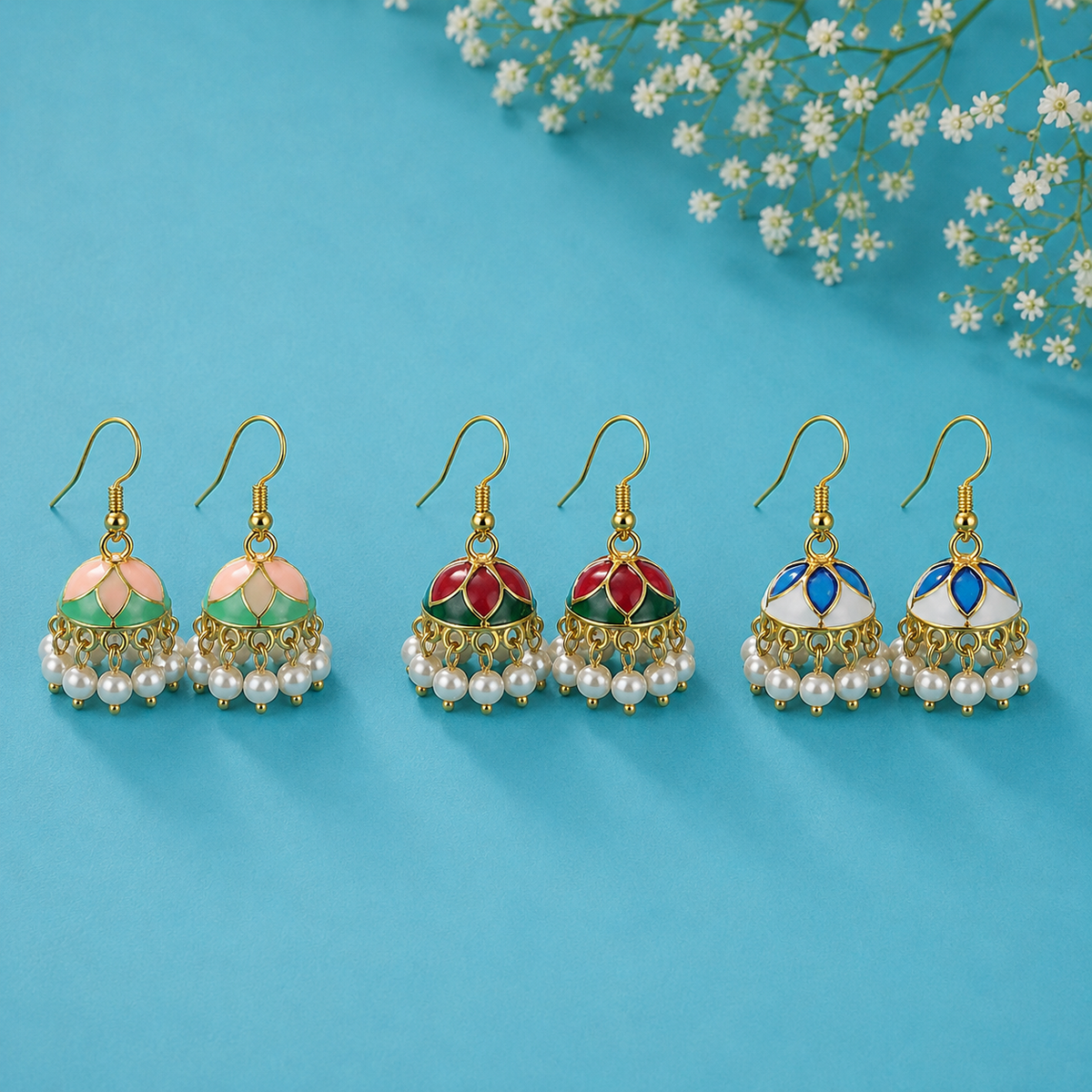 Combo of 3 Multicolor Pearl Jhumka Earrings for Women | Traditional Enamel Drop Earrings Set | Ethnic & Festive Jewellery