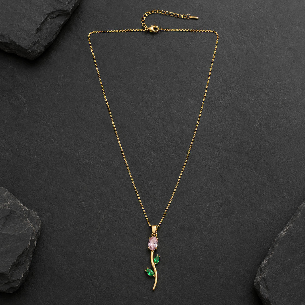 Golden Bloom Rose Pendant Necklace – Pink & Green Crystal Floral Design