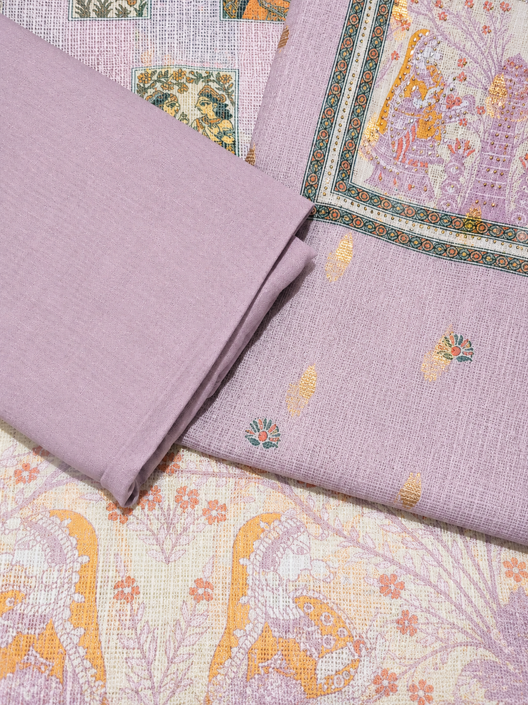 Lavender Heritage Print Unstitched Suit with Artistic Panel Design & Dupatta