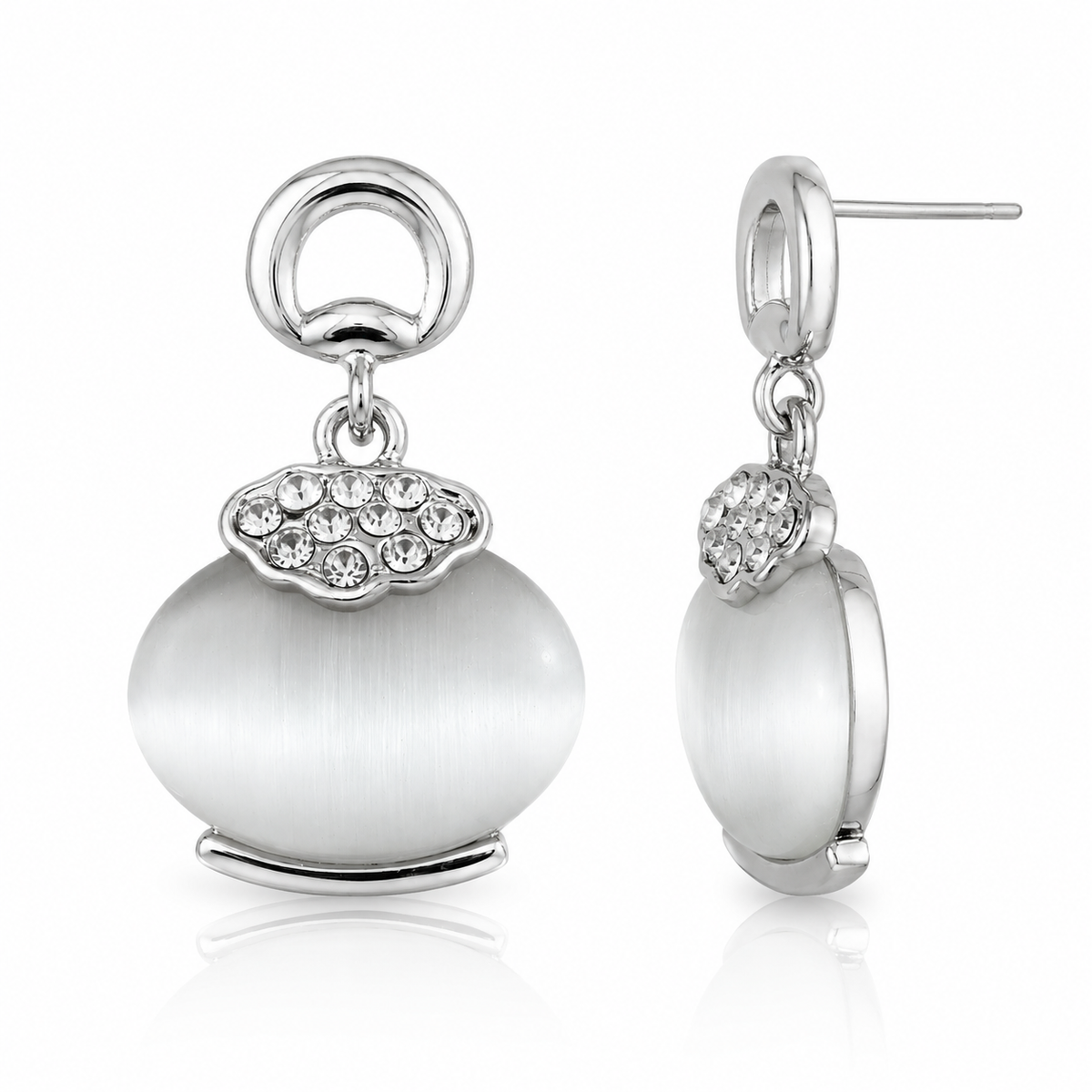 White Cat Eye Stone Drop Earrings with Crystal Accent | Silver Tone Designer Earrings for Women
