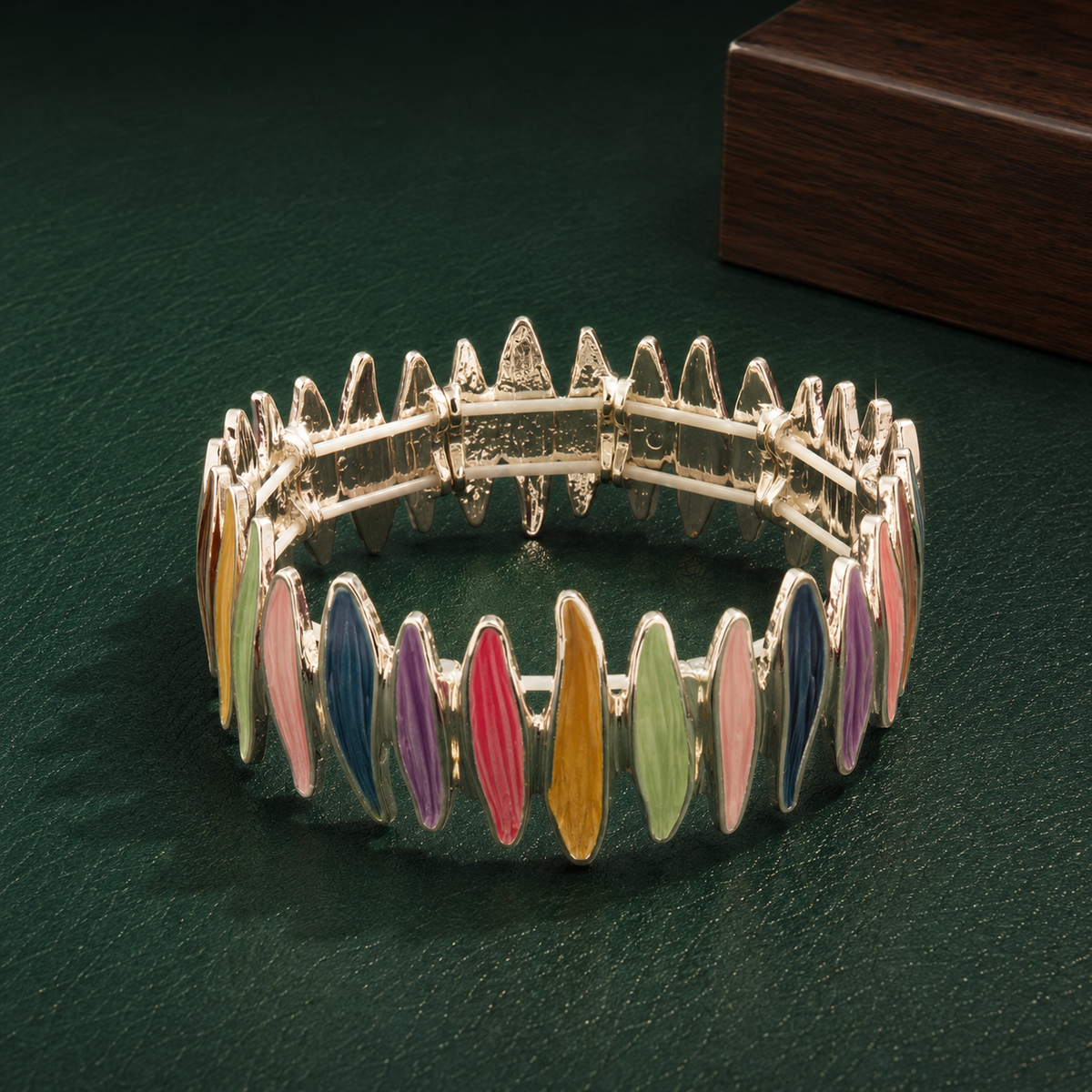 Multicolor Enamel Leaf Design Stretch Bracelet for Women