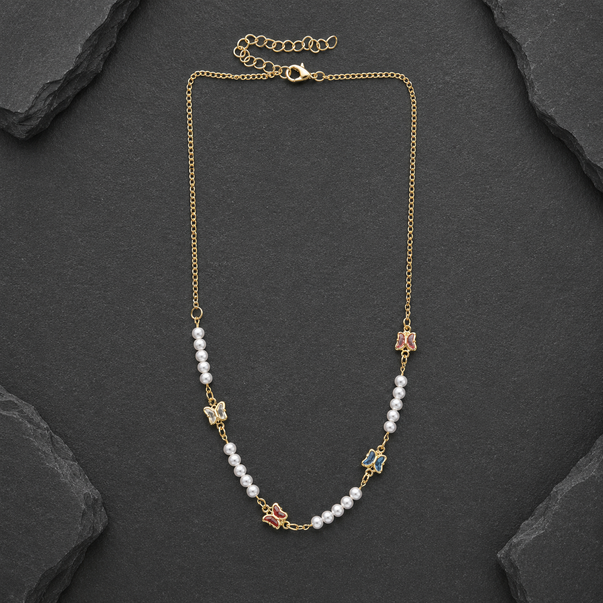 Butterfly Charm Pearl Beaded Gold-Tone Necklace for Women