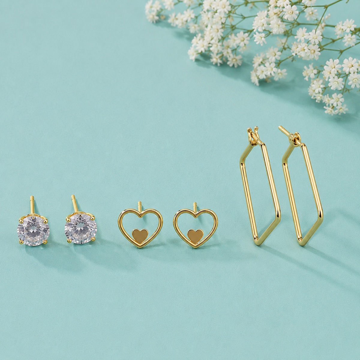 3 Pair Gold Tone Earrings Combo Set for Women | Crystal Stud, Heart Stud & Geometric Hoop Earrings