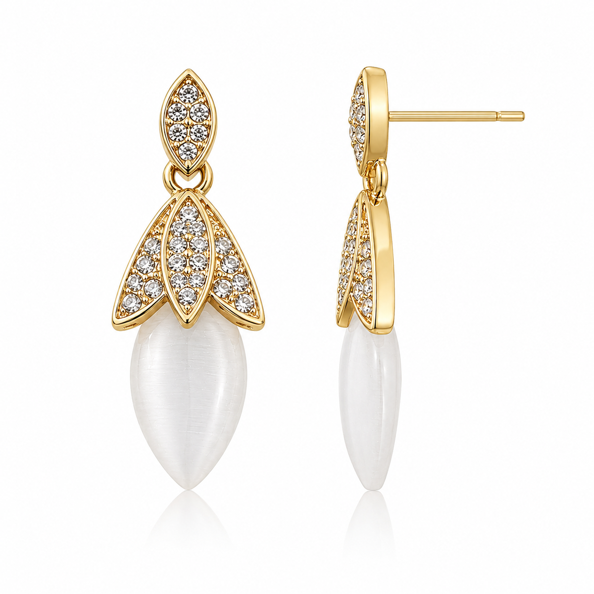 Gold Tone Crystal Leaf Drop Earrings for Women | White Cat Eye Stone Designer Earrings