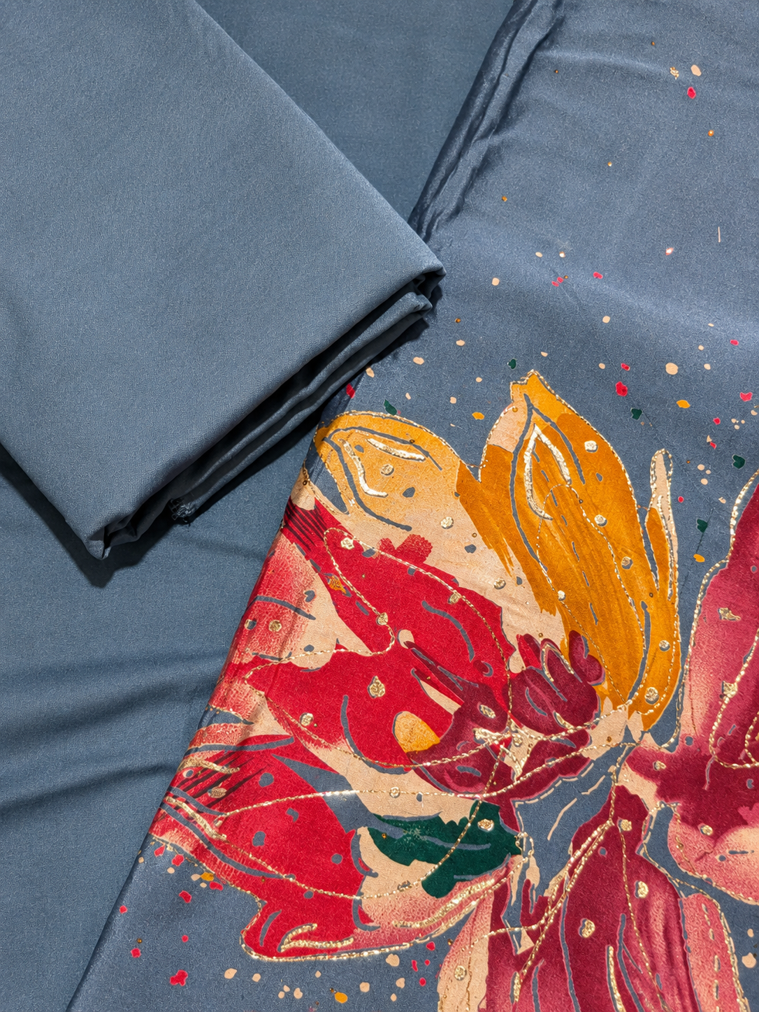 Steel Blue Floral Print Unstitched Suit Set with Designer Dupatta