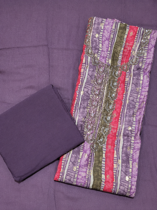 Royal Plum Embroidered Printed Unstitched Suit Set with Matching Dupatta