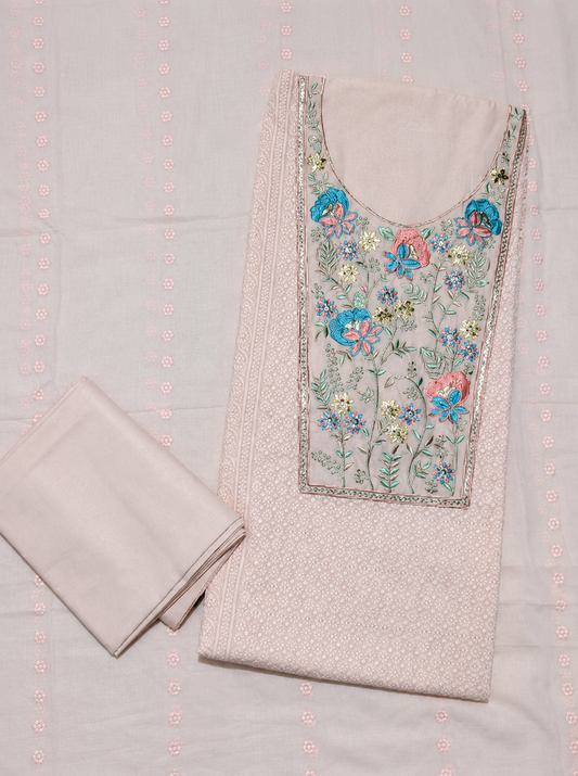 Ivory Beige Floral Embroidered Unstitched Suit Set with Elegant Dupatta