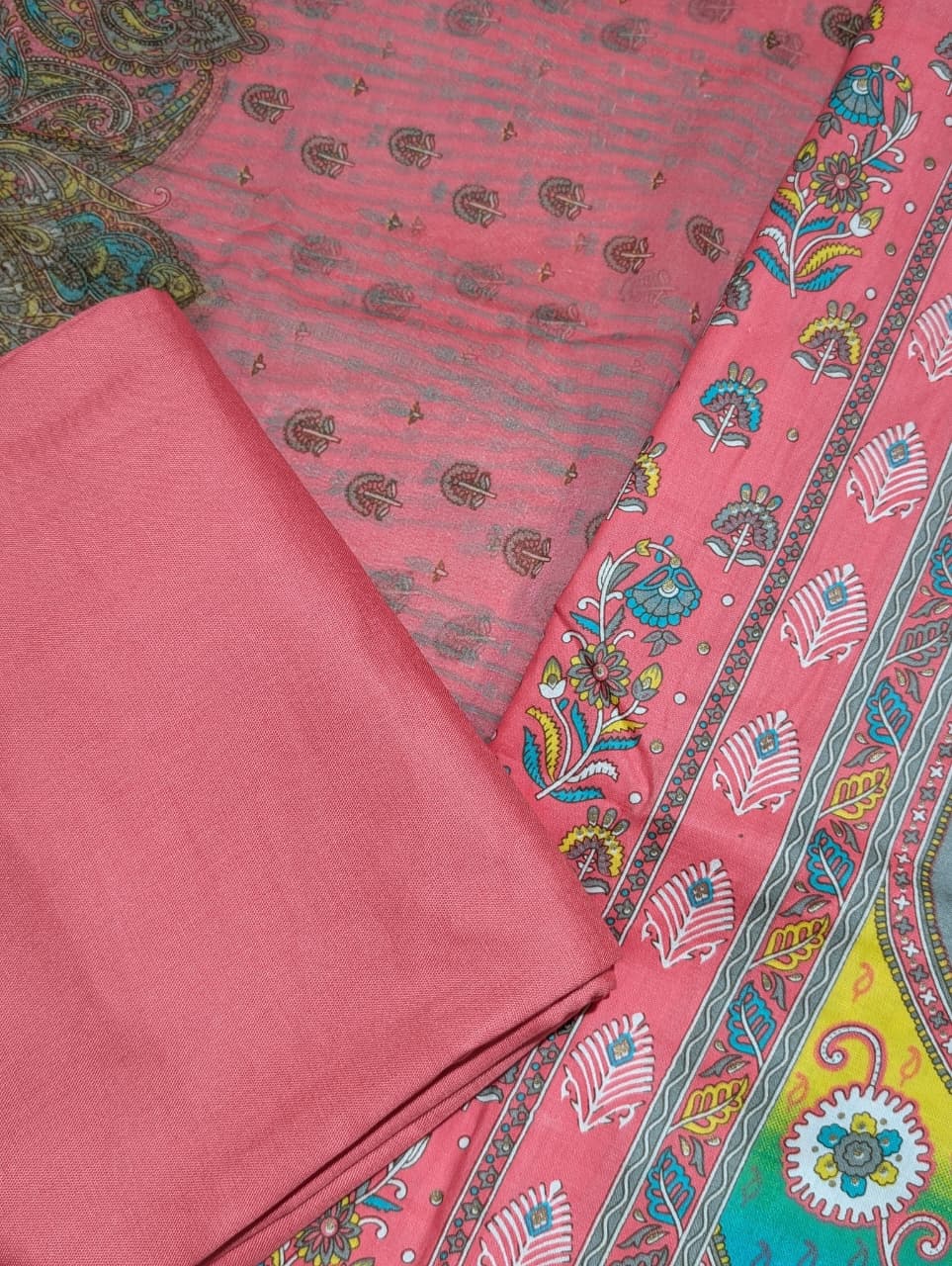 Coral Pink & Mist Blue Digital Print Unstitched Suit Set with Paisley Dupatta