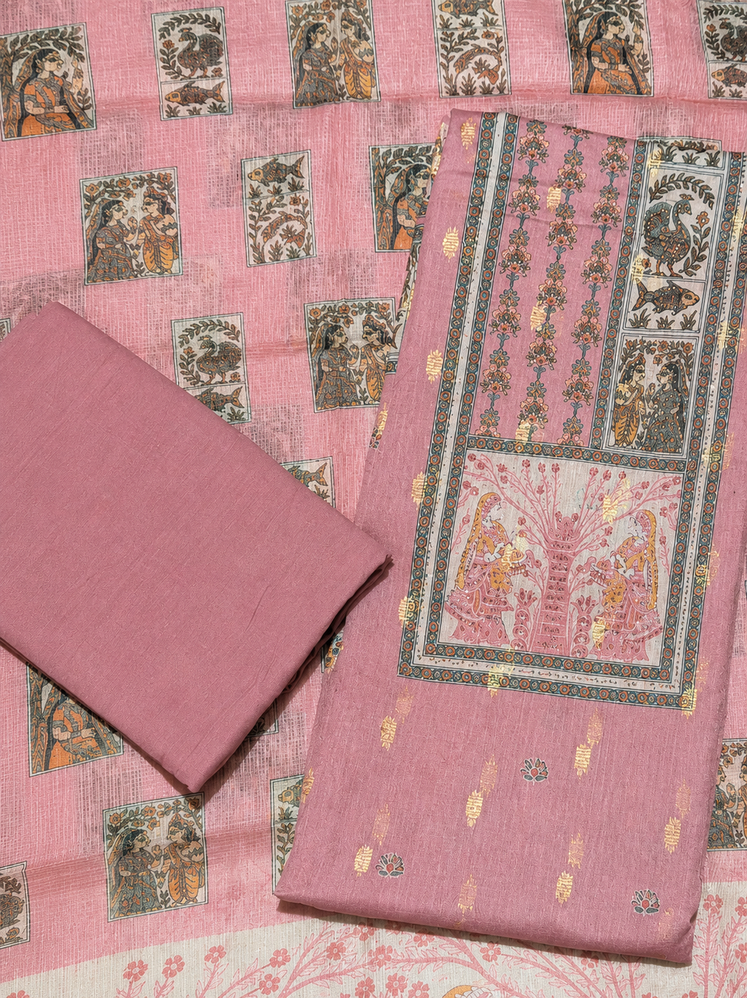 Dusty Rose Traditional Printed Unstitched Suit Set with Designer Dupatta
