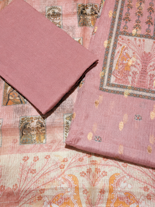 Dusty Rose Traditional Printed Unstitched Suit Set with Designer Dupatta