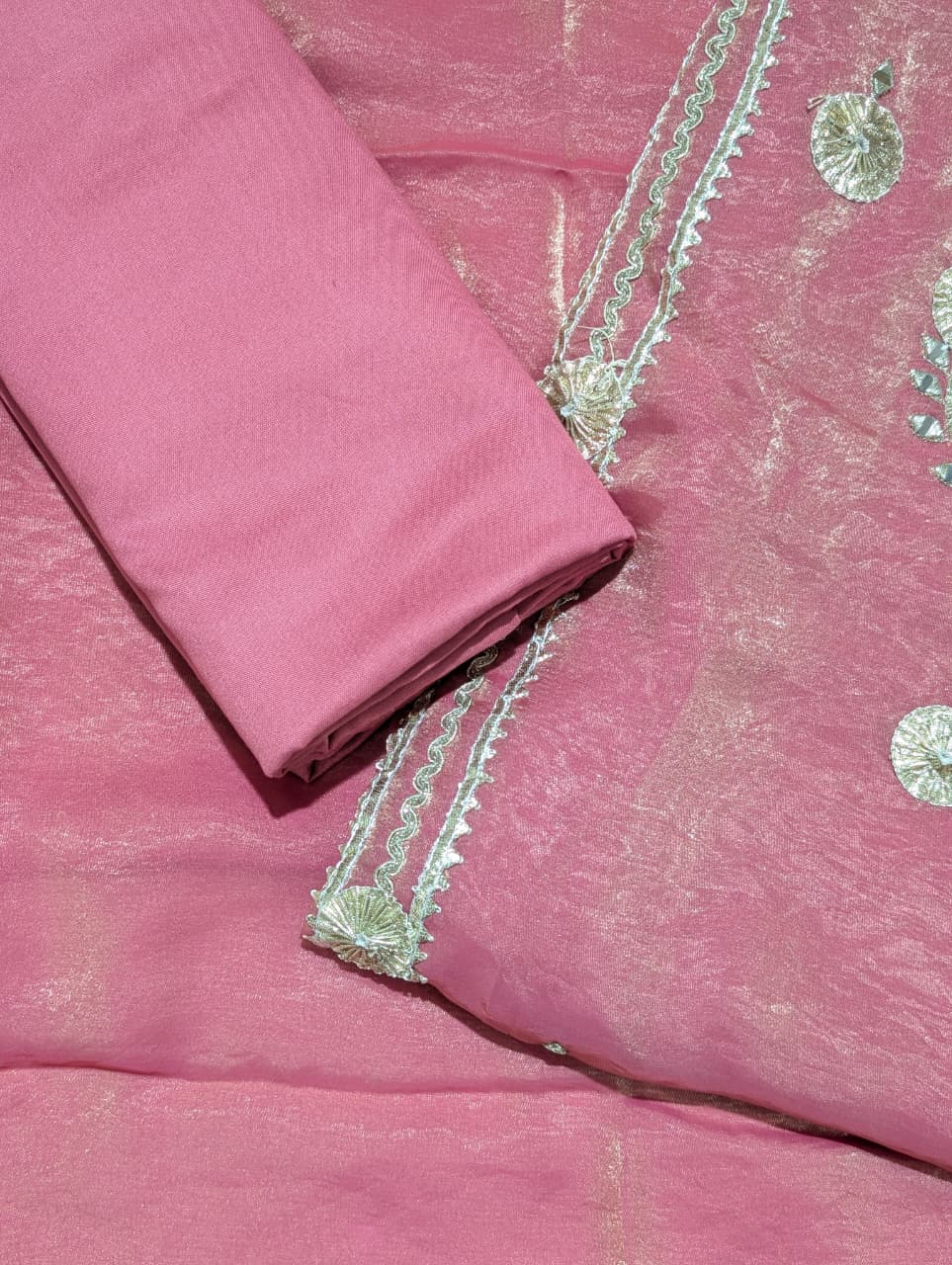 Rose Pink Embroidered Unstitched Suit Set with Elegant Gold Work Dupatta