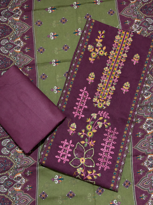 Deep Plum Floral Embroidered Unstitched Suit Set with Printed Dupatta