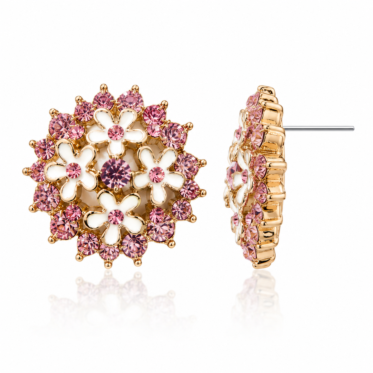 Vintage Pink Floral Crystal Stud Earrings for Women | Gold Tone Statement Earrings