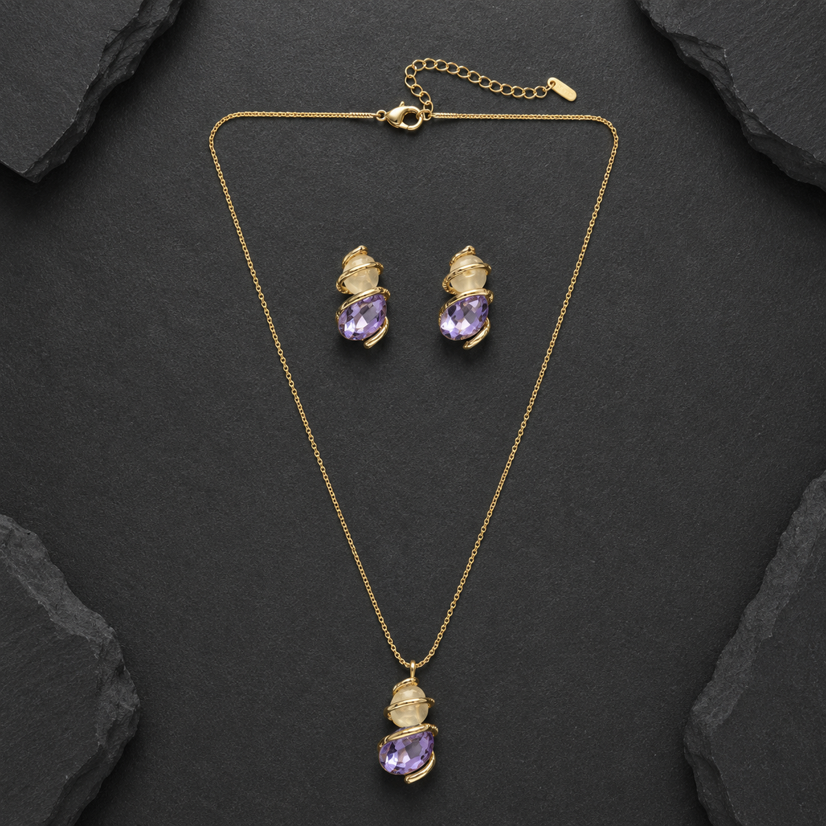 Purple Crystal & Pearl Accent Necklace and Earrings Set for Women