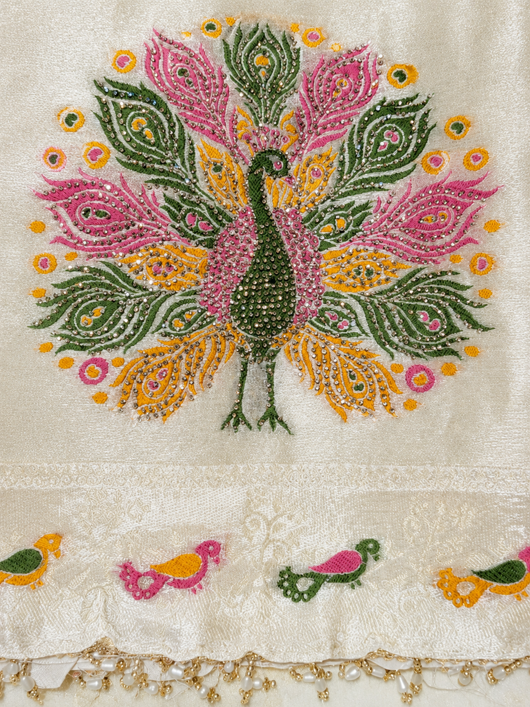Cream Peacock Embroidered Unstitched Suit Set with Designer Dupatta
