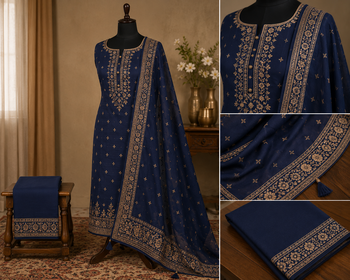 Midnight Blue Floral Embroidered Cotton Suit Set with Dupatta