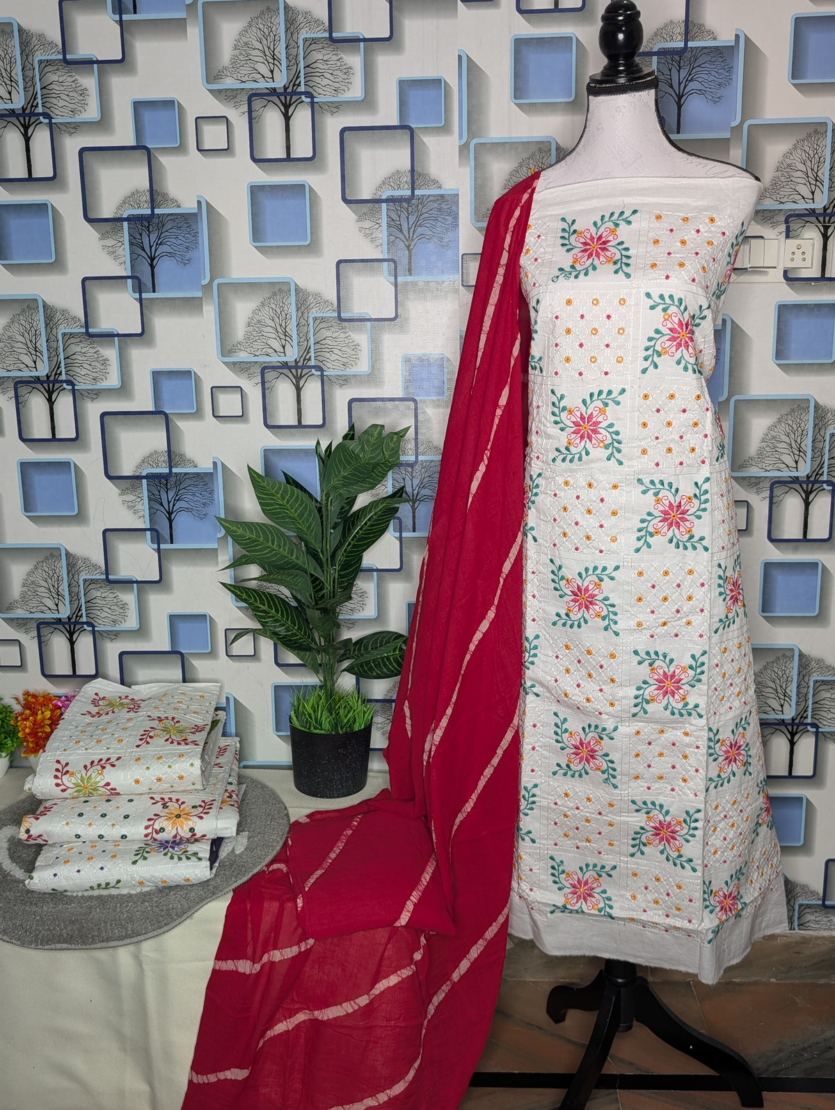 Women's Premium Cotton Thread work Unstitched Suit Set with Dupatta | 4 Color Options