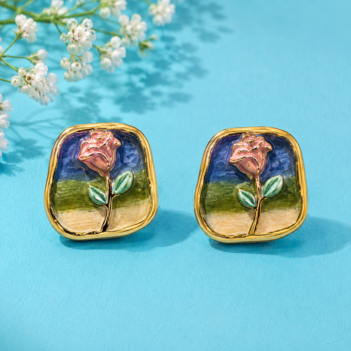 Vintage Rose Landscape Enamel Stud Earrings for Women | Artistic Floral Gold Tone Earrings