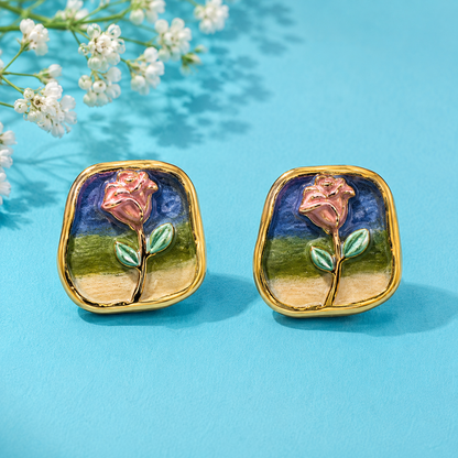 Vintage Rose Landscape Enamel Stud Earrings for Women | Artistic Floral Gold Tone Earrings