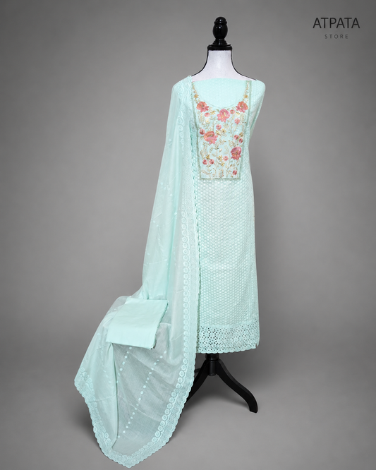 Mint Green Floral Embroidered Unstitched Suit Set with Designer Dupatta
