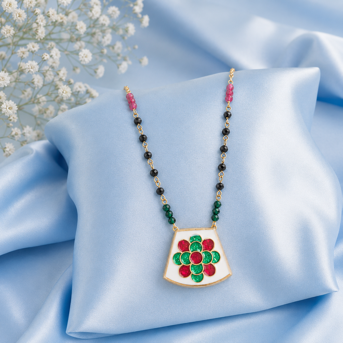 Dual-Sided Floral Pendant Mangalsutra Necklace Set with Stud Earrings